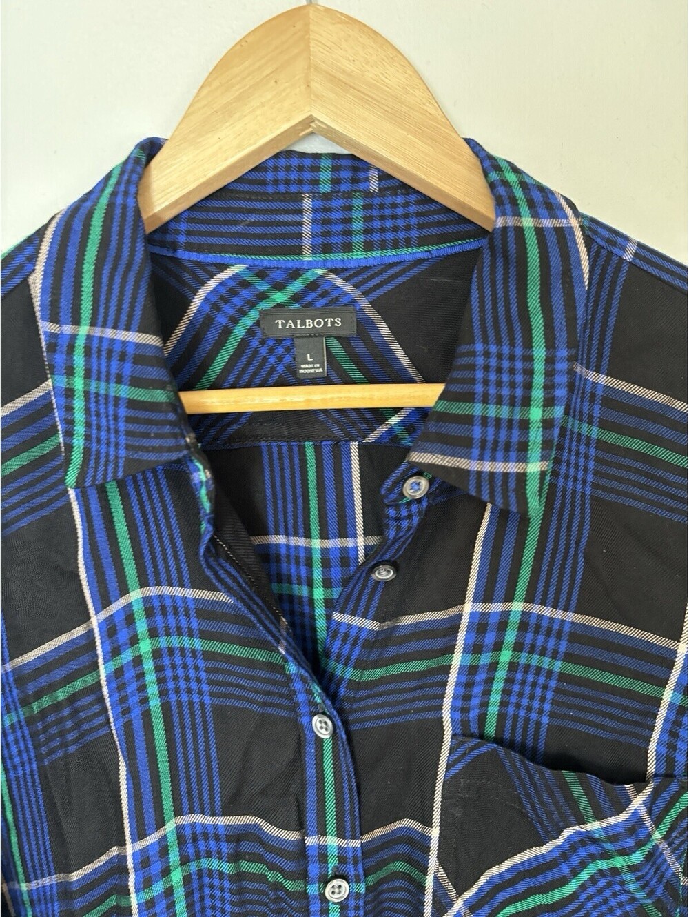 Talbots Blouse Multicolor Tartan Plaid Rayon Button Up Shirt Women’s Size Large